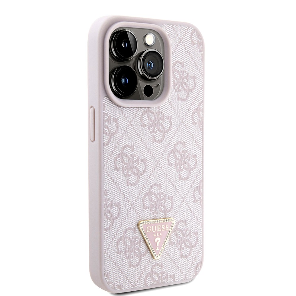 Coque iPhone 15 Pro - Guess monogramme similicuir logo métal et strass avec lanière amovible - Rose clair