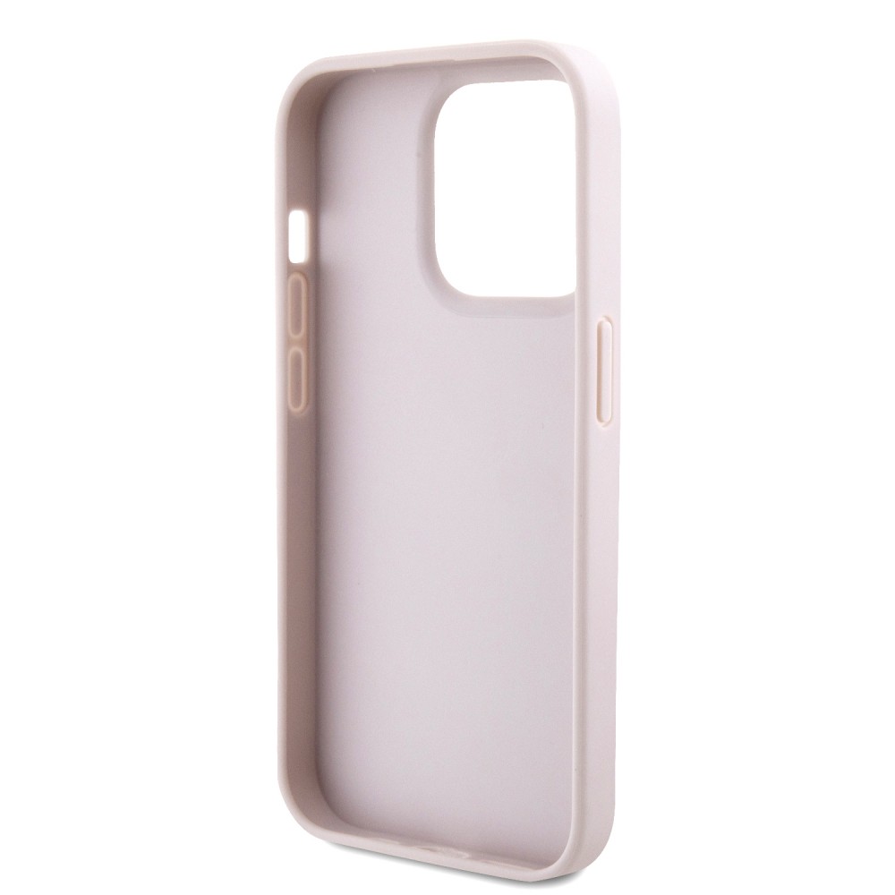 Coque iPhone 15 Pro - Guess monogramme similicuir logo métal et strass avec lanière amovible - Rose clair