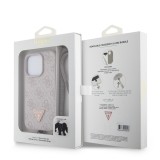 Coque iPhone 15 Pro - Guess monogramme similicuir logo métal et strass avec lanière amovible - Rose clair