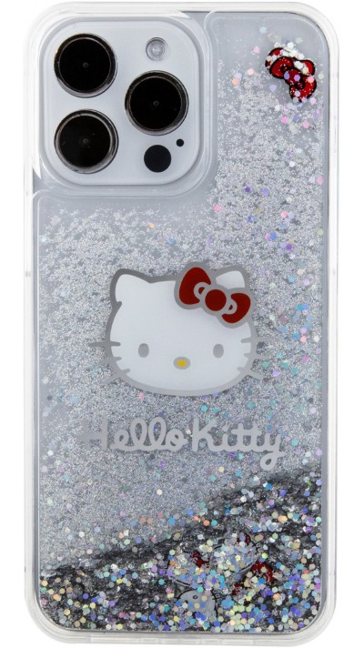 Coque iPhone 15 Pro Max - Hello Kitty gel rigide avec paillettes/glitters liquides - Transparent