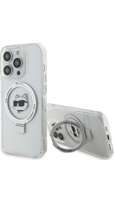 Coque iPhone 15 Pro Max - Karl Lagerfeld Choupette gel rigide avec anneau support MagSafe argenté - Transparent