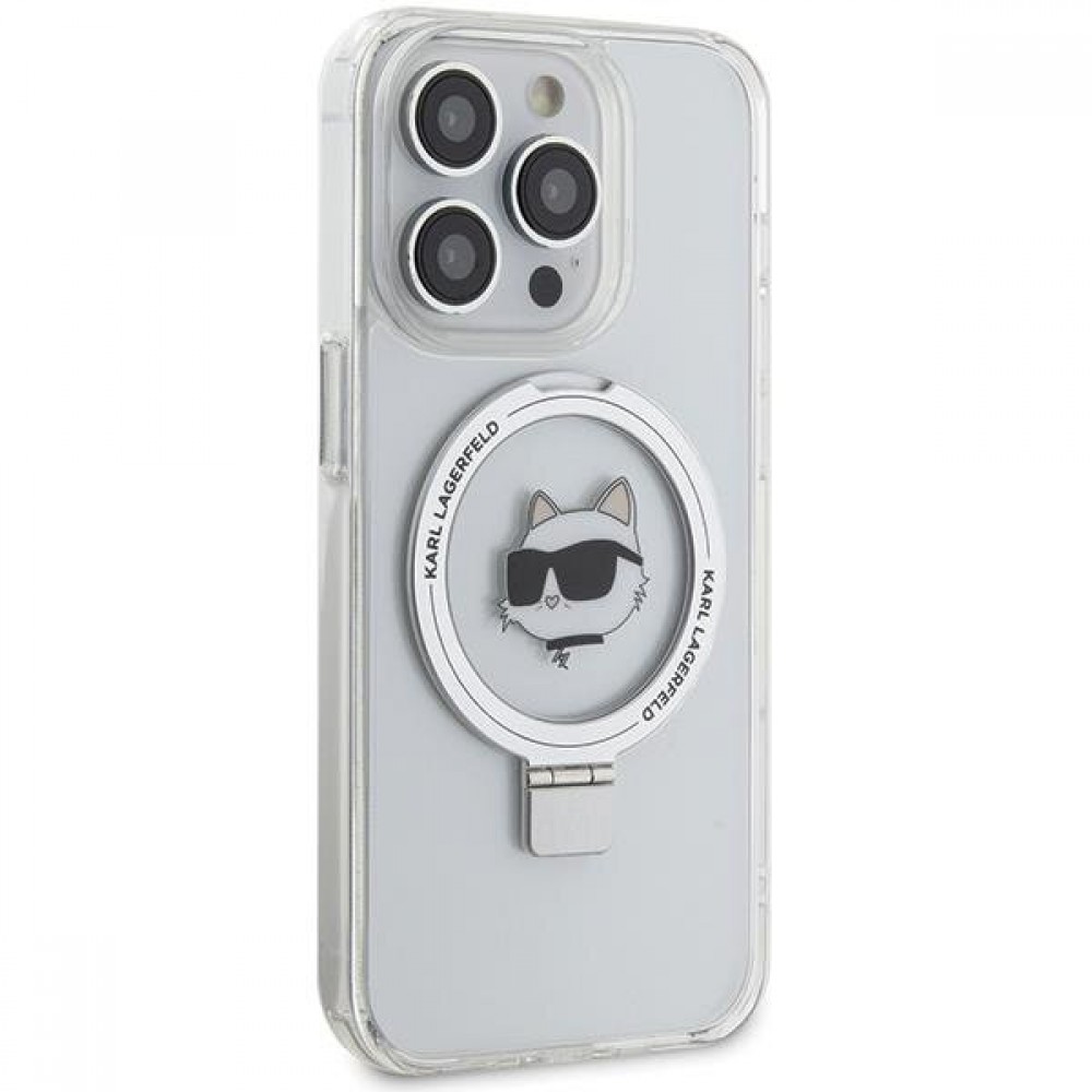 iPhone 15 Pro Max Case Hülle - Karl Lagerfeld Choupette gel rigide mit Ring MagSafe-Halter in silber - Transparent