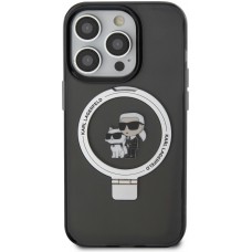 Coque iPhone 15 Pro - Karl Lagerfeld et Choupette gel laqué avec anneau métallique de support amovible intégré et Magsafe - Gris