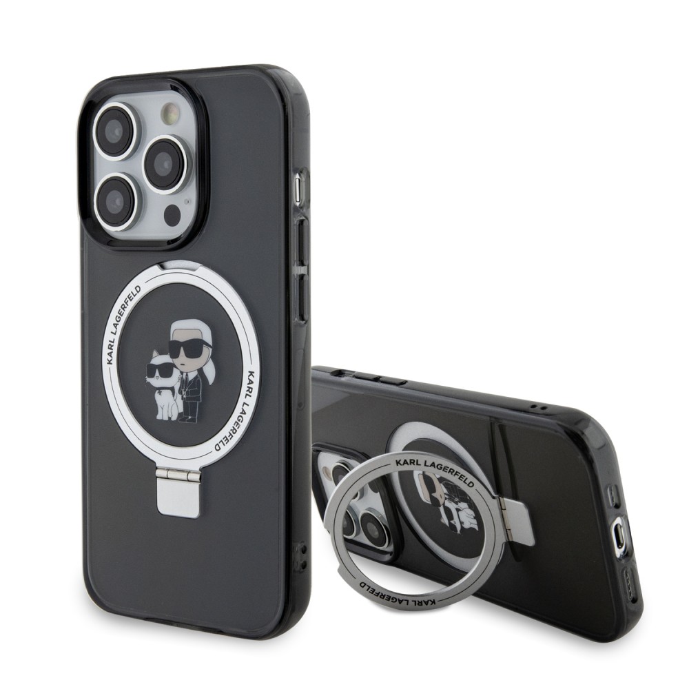 Coque iPhone 15 Pro - Karl Lagerfeld et Choupette gel laqué avec anneau métallique de support amovible intégré et Magsafe - Gris