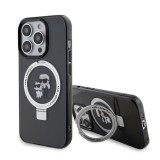 Coque iPhone 15 Pro - Karl Lagerfeld et Choupette gel laqué avec anneau métallique de support amovible intégré et Magsafe - Gris