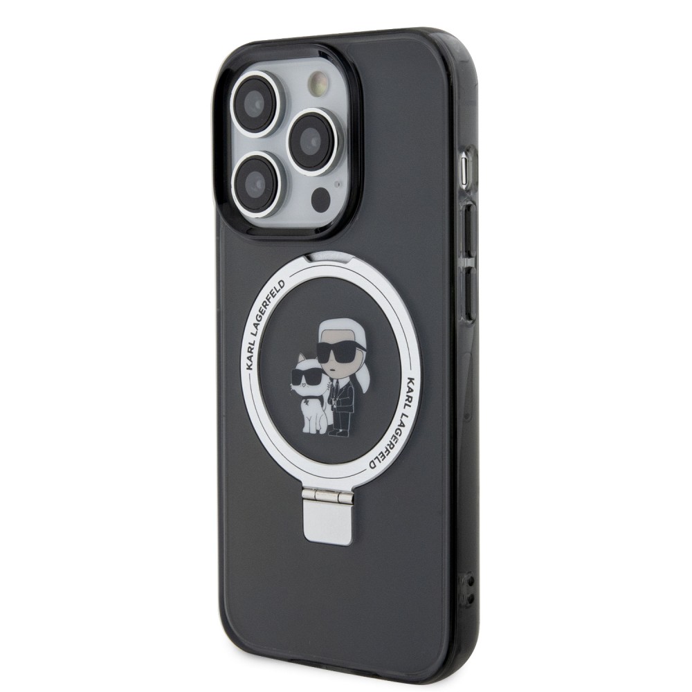 Coque iPhone 15 Pro - Karl Lagerfeld et Choupette gel laqué avec anneau métallique de support amovible intégré et Magsafe - Gris