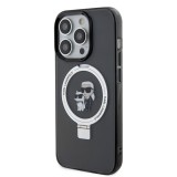 Coque iPhone 15 Pro - Karl Lagerfeld et Choupette gel laqué avec anneau métallique de support amovible intégré et Magsafe - Gris
