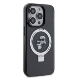 Coque iPhone 15 Pro - Karl Lagerfeld et Choupette gel laqué avec anneau métallique de support amovible intégré et Magsafe - Gris