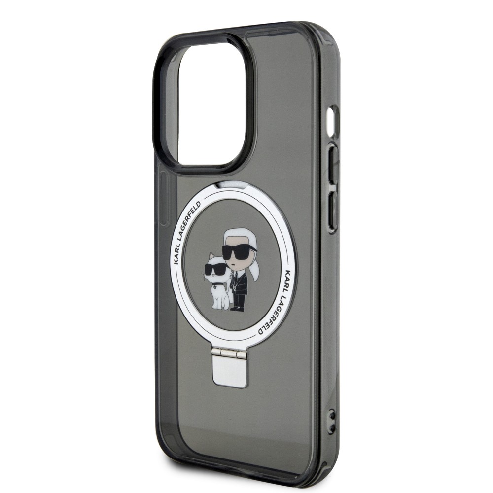 Coque iPhone 15 Pro - Karl Lagerfeld et Choupette gel laqué avec anneau métallique de support amovible intégré et Magsafe - Gris