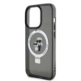 Coque iPhone 15 Pro - Karl Lagerfeld et Choupette gel laqué avec anneau métallique de support amovible intégré et Magsafe - Gris