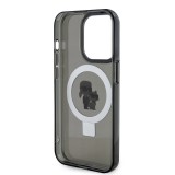 Coque iPhone 15 Pro - Karl Lagerfeld et Choupette gel laqué avec anneau métallique de support amovible intégré et Magsafe - Gris