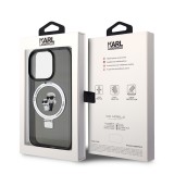Coque iPhone 15 Pro - Karl Lagerfeld et Choupette gel laqué avec anneau métallique de support amovible intégré et Magsafe - Gris