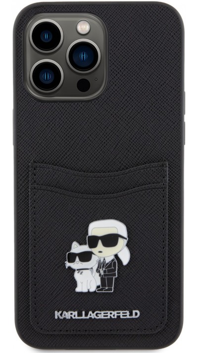 Coque iPhone 15 Pro - Karl Lagerfeld et Choupette similicuir saffiano avec portes-carte intégré et logo métallique en relief - Noir