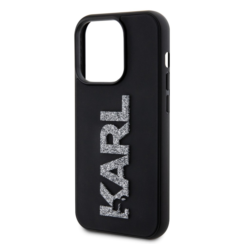 Coque iPhone 15 Pro - Karl Lagerfeld silicone mat avec logo 3D pailleté - Noir