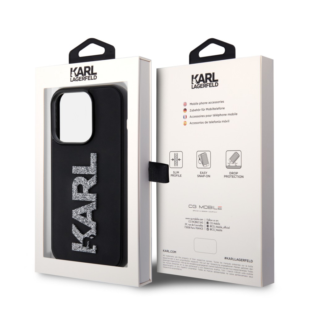 Coque iPhone 15 Pro - Karl Lagerfeld silicone mat avec logo 3D pailleté - Noir