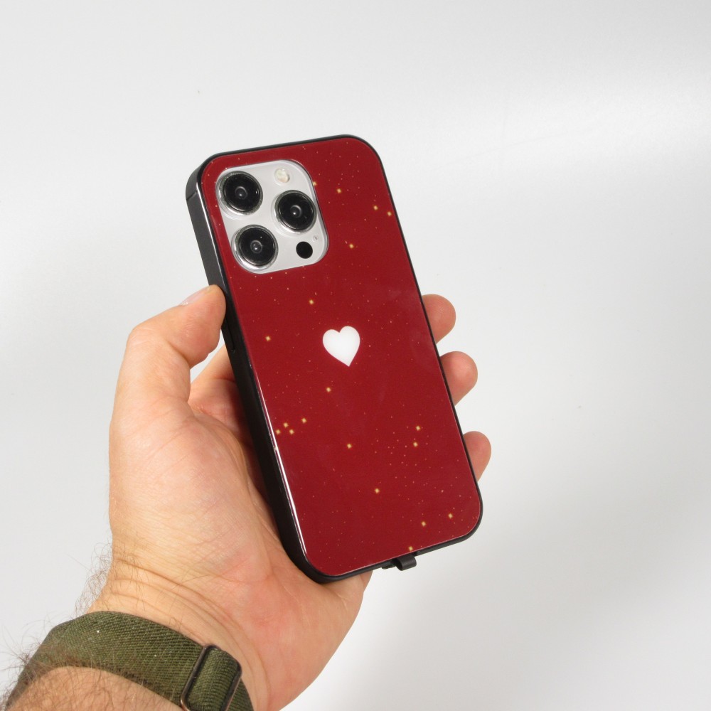Coque iPhone 15 Pro Max - Silicone Glossy lumière LED intégrée avec port USB-C - Shiny Heart - Rouge