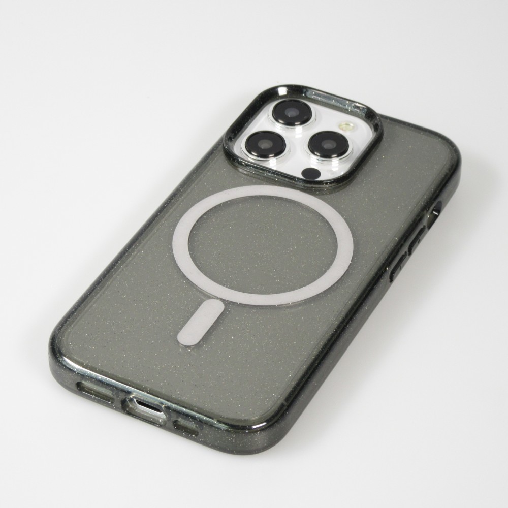 Coque iPhone 15 Pro Max - Silicone rigide avec dos paillettes et MagSafe - Noir