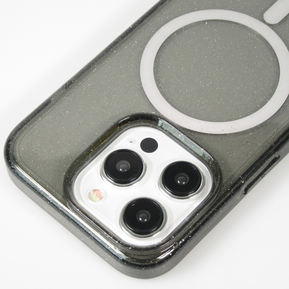 Coque iPhone 15 Pro Max - Silicone rigide avec dos paillettes et MagSafe - Noir