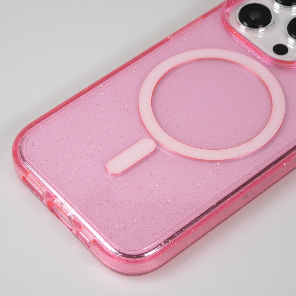 Coque iPhone 15 Pro Max - Silicone rigide avec dos paillettes et MagSafe - Rose