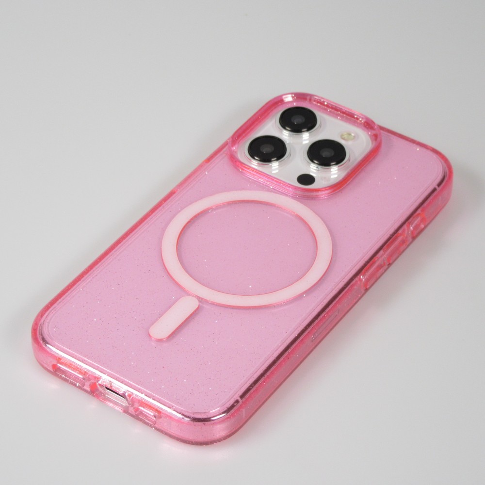 Coque iPhone 15 Pro Max - Silicone rigide avec dos paillettes et MagSafe - Rose