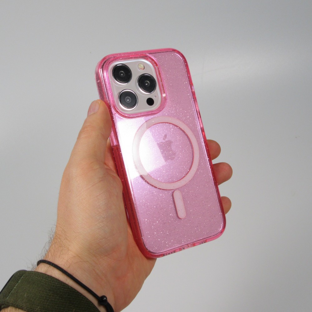 Coque iPhone 15 Pro Max - Silicone rigide avec dos paillettes et MagSafe - Rose