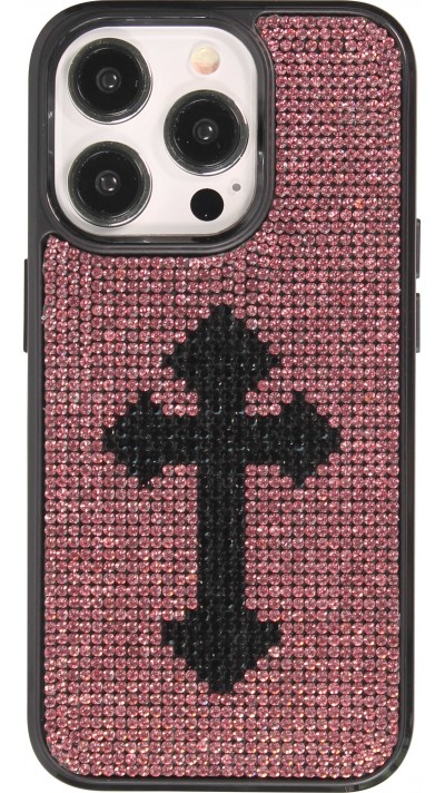 Coque iPhone 15 Pro Max - Silicone souple paillet&eacute; avec gemmes Gothic Cross - Violet