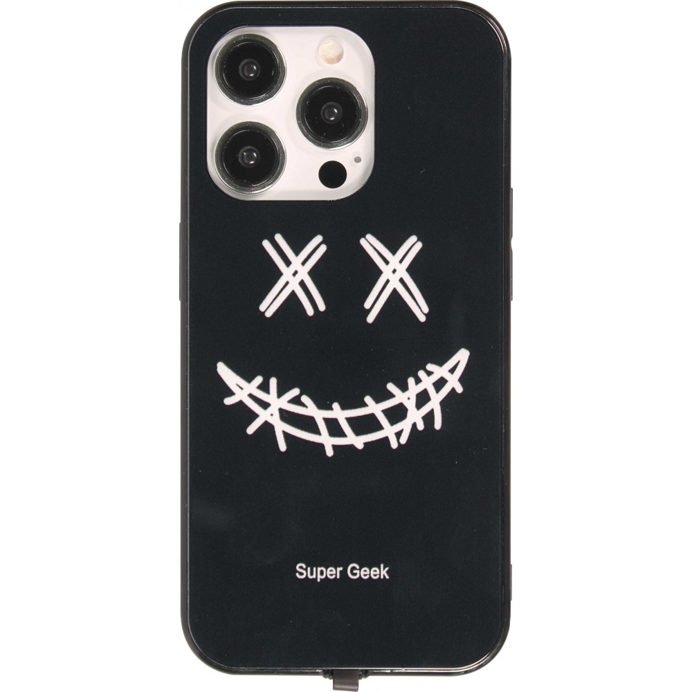Coque iPhone 15 Pro - Silicone Glossy lumière LED intégrée avec port USB-C - Crazy Smile - Noir