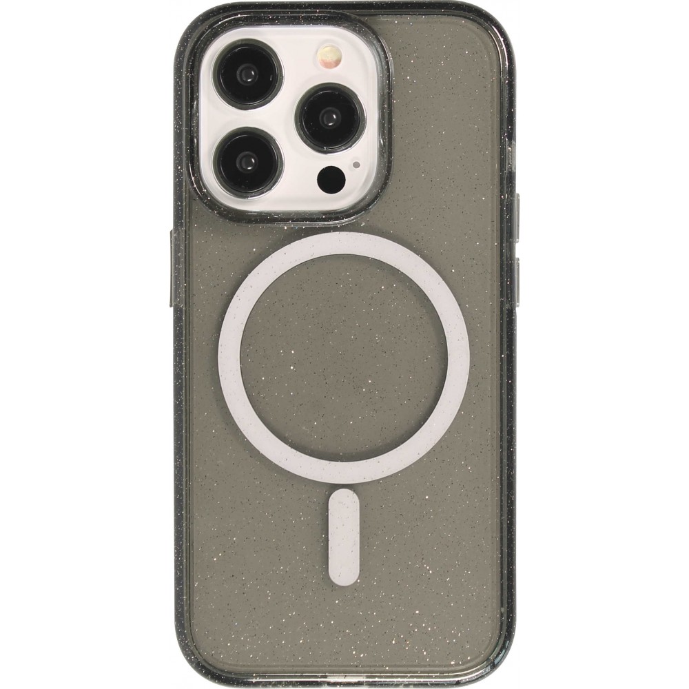 Coque iPhone 15 Pro - Silicone rigide avec dos paillettes et MagSafe - Noir