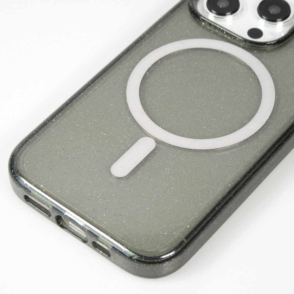 Coque iPhone 15 Pro - Silicone rigide avec dos paillettes et MagSafe - Noir