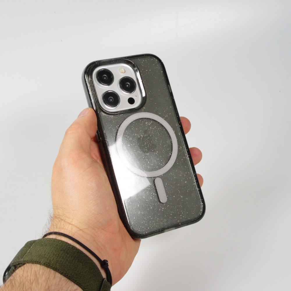 Coque iPhone 15 Pro - Silicone rigide avec dos paillettes et MagSafe - Noir