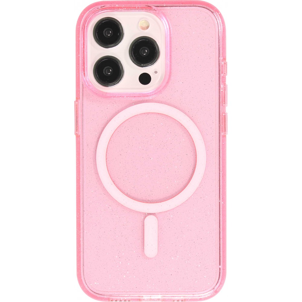 Coque iPhone 15 Pro - Silicone rigide avec dos paillettes et MagSafe - Rose