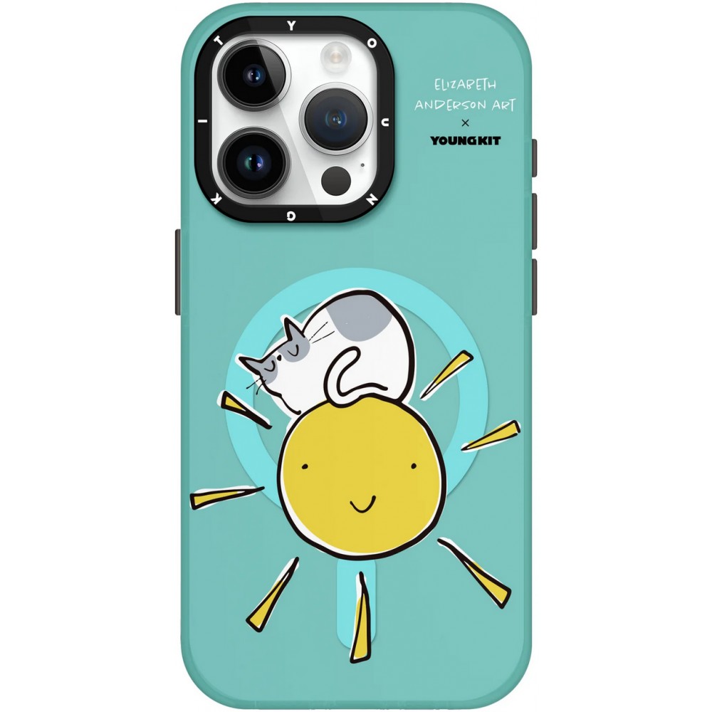 Coque iPhone 15 Pro - Youngkit @Elizabeth Anderson Art Love Cat Case avec Magsafe  - Bleu