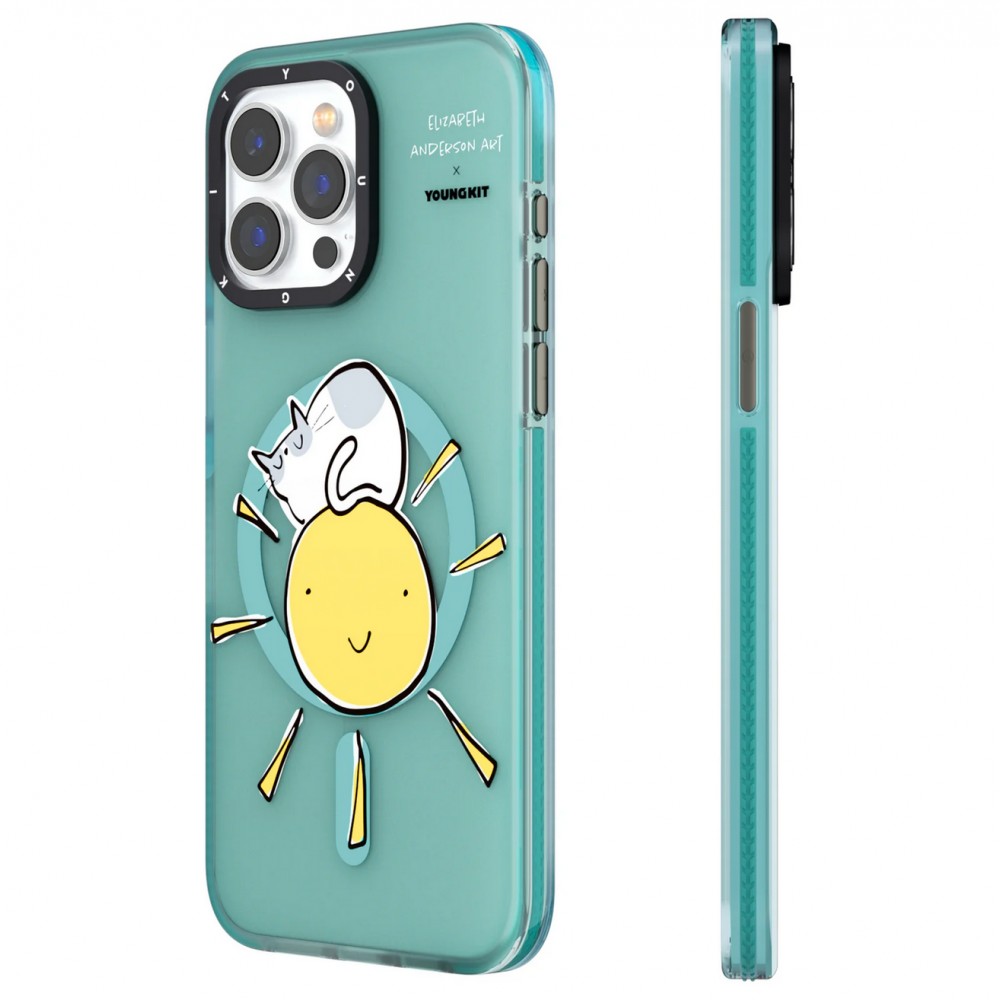 Coque iPhone 15 Pro - Youngkit @Elizabeth Anderson Art Love Cat Case avec Magsafe  - Bleu