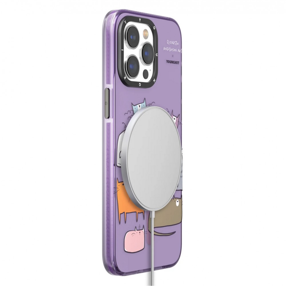 Coque iPhone 15 Pro - Youngkit @Elizabeth Anderson Art Love Cat Case avec Magsafe  - Bleu