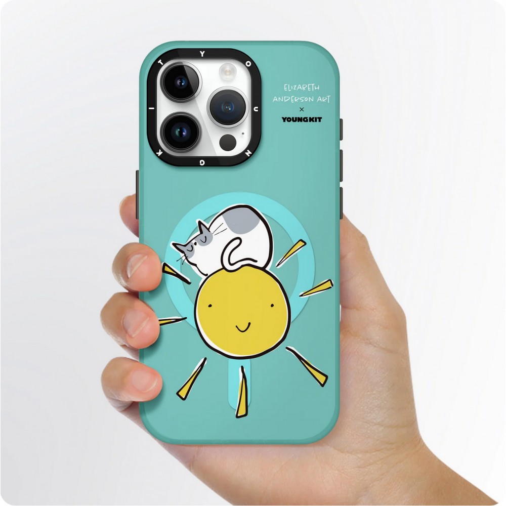 Coque iPhone 15 Pro - Youngkit @Elizabeth Anderson Art Love Cat Case avec Magsafe  - Bleu