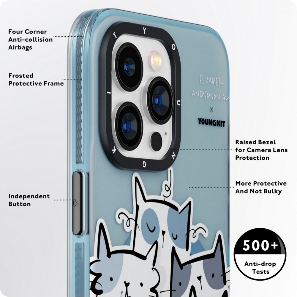 Coque iPhone 15 Pro - Youngkit @Elizabeth Anderson Art Love Cat Case avec Magsafe  - Bleu