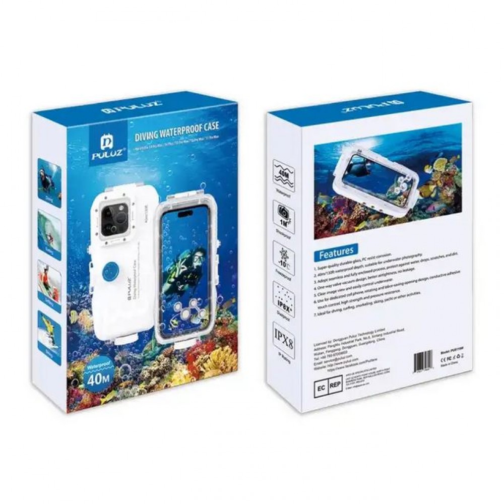 Coque iPhone - Protection étanche PULUZ pour plongée et snorkeling à 40M grade IPX8 universelle iPhone (large) - Blanc