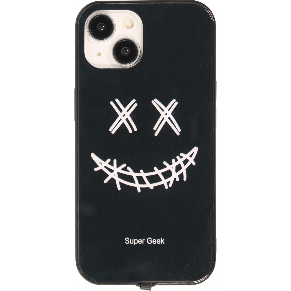 Coque iPhone 15 - Silicone Glossy lumière LED intégrée avec port USB-C - Crazy Smile - Noir