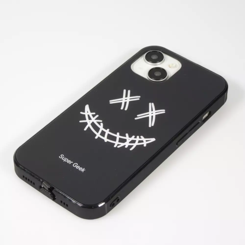 iPhone 15 Case Hülle - Silikon Glossy integriertes LED Licht mit USB-C Anschluss - Crazy Smile - Schwarz