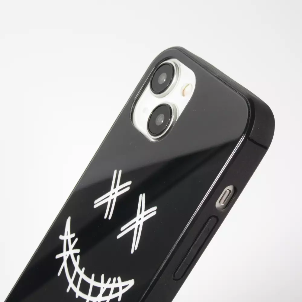 iPhone 15 Case Hülle - Silikon Glossy integriertes LED Licht mit USB-C Anschluss - Crazy Smile - Schwarz