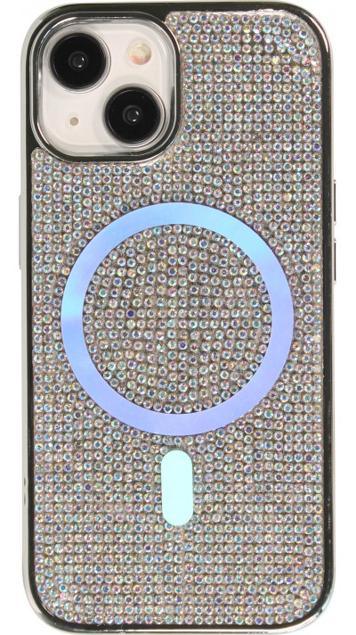 Coque iPhone 15 - Silicone rigide pailleté avec gemmes MagSafe - Argent
