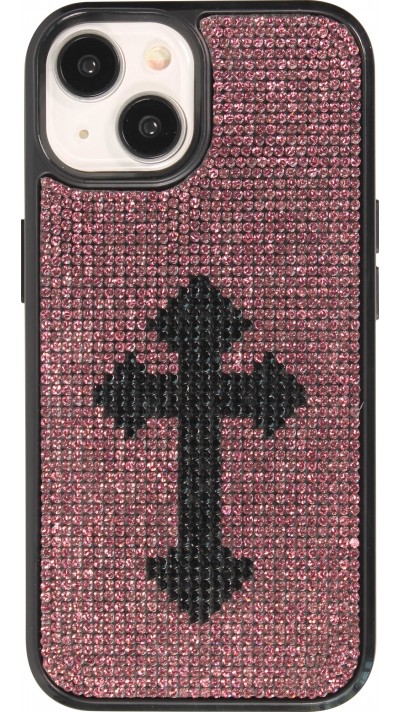 Coque iPhone 15 - Silicone souple pailleté avec gemmes Gothic Cross - Violet