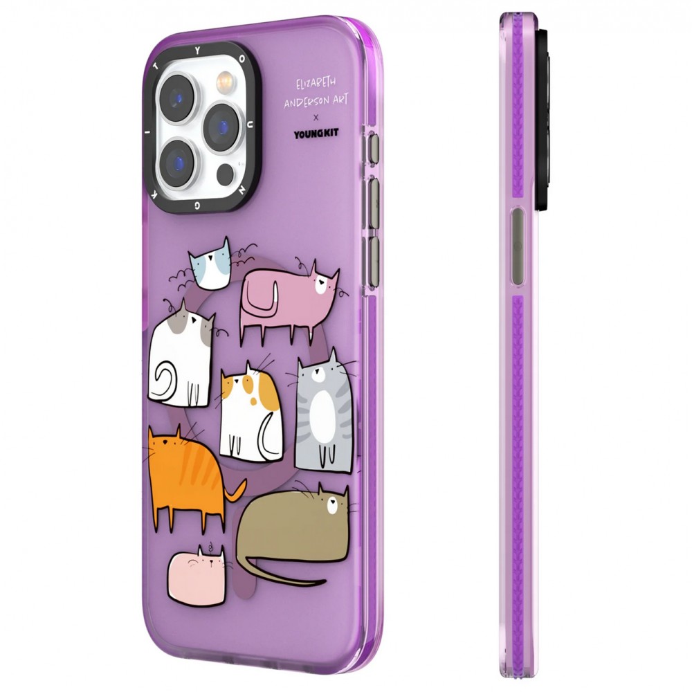 Coque iPhone 15 - Youngkit @Elizabeth Anderson Art Love Cat Case avec Magsafe  - Violet