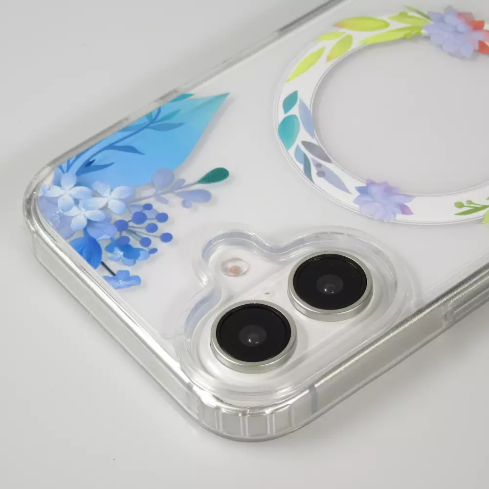 iPhone 16 Case Hülle - Gummi Silikon steif mit MagSafe Frühlings Blumen - Transparent