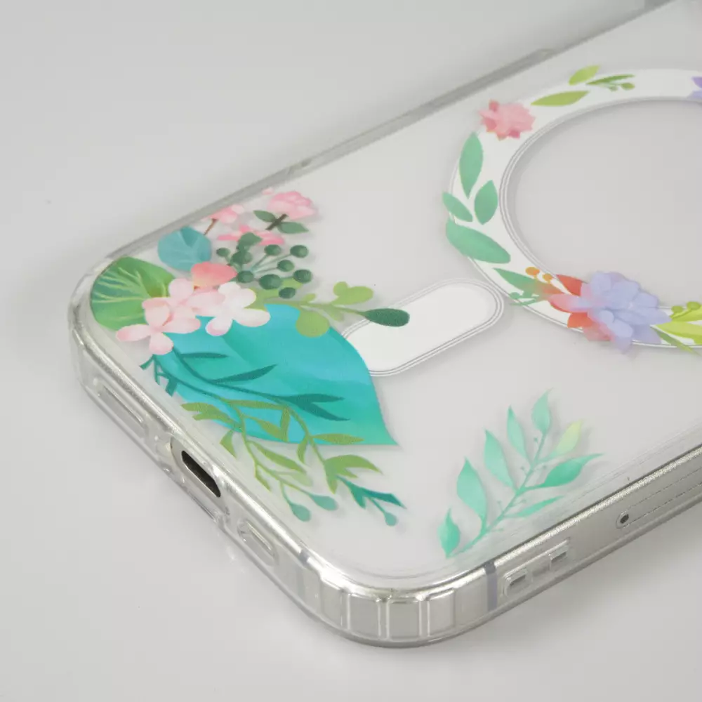 iPhone 16 Case Hülle - Gummi Silikon steif mit MagSafe Frühlings Blumen - Transparent