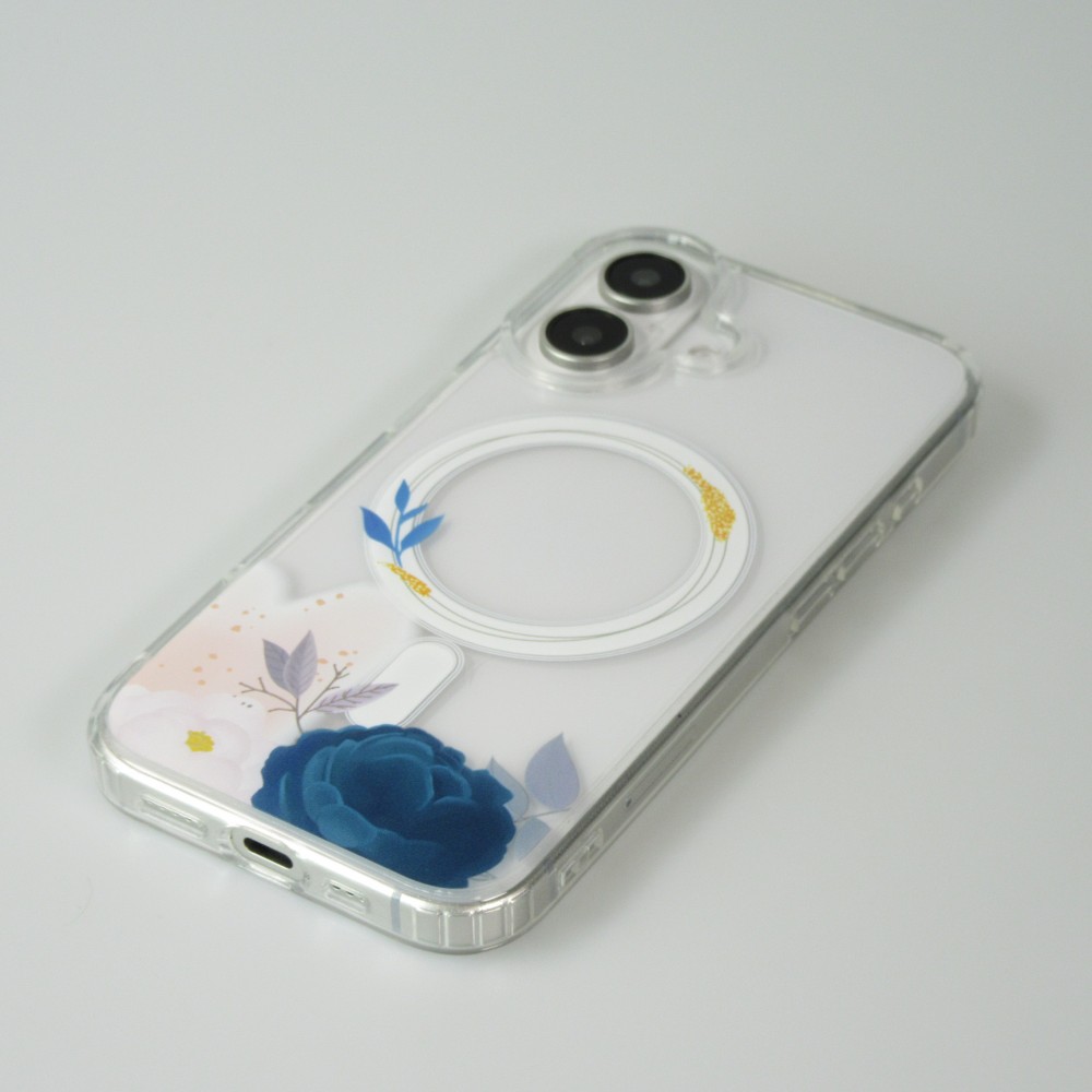 Coque iPhone 16e - Gel silicone rigide avec MagSafe rose bleue - Transparent