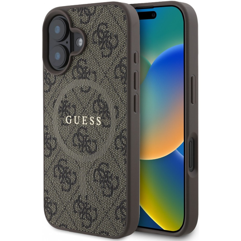 iPhone 16 Case H&uuml;lle - Guess Monogramm Kunstleder mit integriertem MagSafe und goldenem Logo - Braun