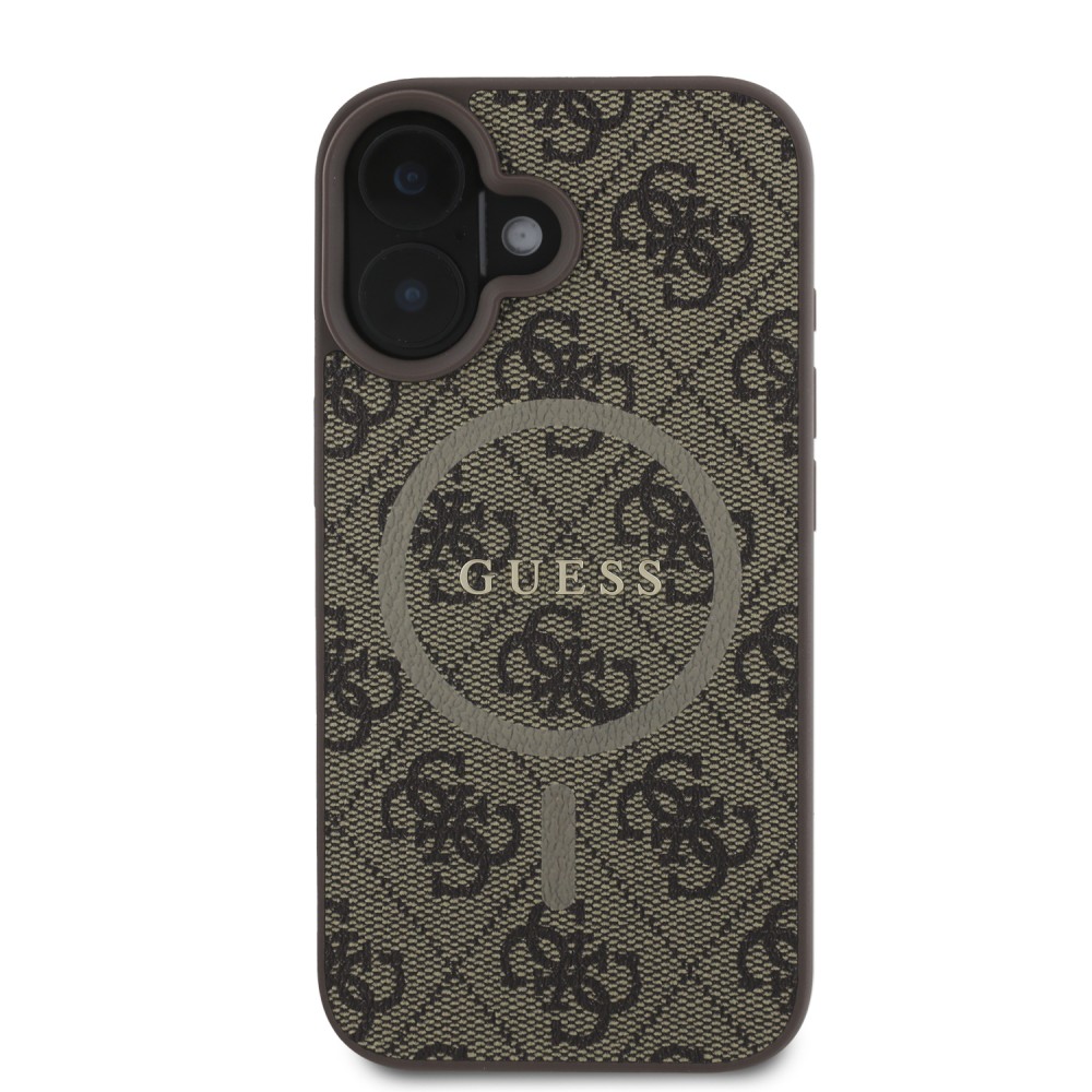 iPhone 16 Case H&uuml;lle - Guess Monogramm Kunstleder mit integriertem MagSafe und goldenem Logo - Braun