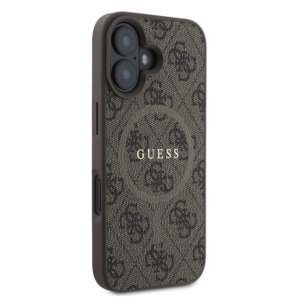 iPhone 16 Case H&uuml;lle - Guess Monogramm Kunstleder mit integriertem MagSafe und goldenem Logo - Braun