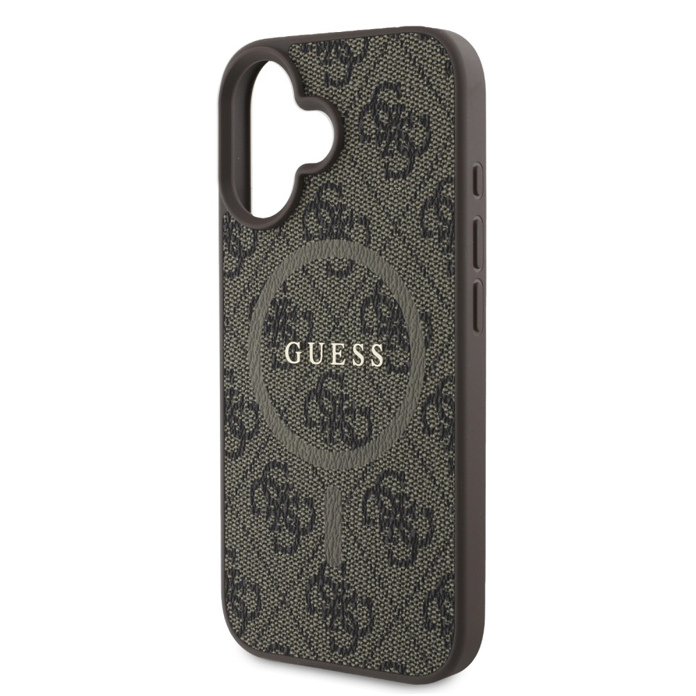 iPhone 16 Case H&uuml;lle - Guess Monogramm Kunstleder mit integriertem MagSafe und goldenem Logo - Braun